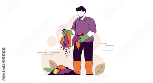 Illustrative Depiction of Farmer Harvesting Sweet Potatoes, a Harvest Season Visual