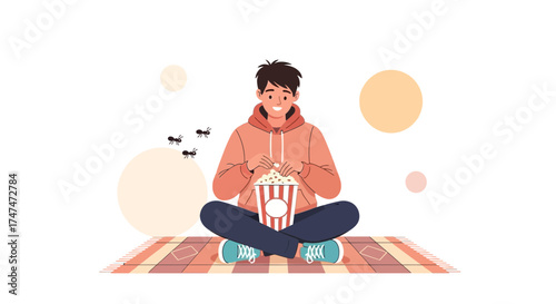Illustration of a young man eating popcorn on a picnic blanket with some ants