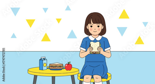 Illustration of a young girl holding a sandwich, ready to eat her lunch