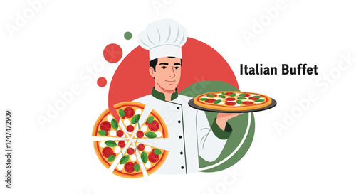Illustration of an Italian chef presenting fresh pizzas in an Italian buffet restaurant