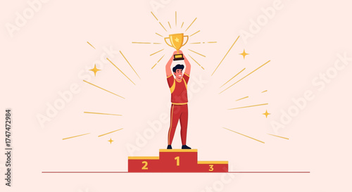 Illustrative Depiction Of Winning, Triumph, And Championship Celebration With A Golden Trophy