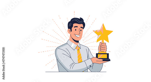 Illustration Of Enthusiastic Man Holding Award Winning Star Symbol  Showcasing Victory