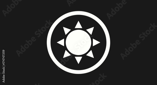 Symbolic bright sun inside a ring, centered on a black background, useful as logo, banner, icon, sticker, or emblem