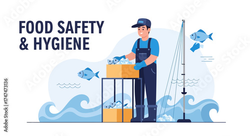 Illustration of food safety and hygiene concerning fresh seafood and the fishing industry
