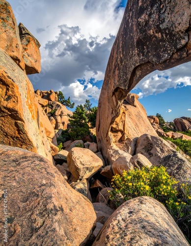 Dramatic view of an arch-shaped stone formation under a cloudy sky