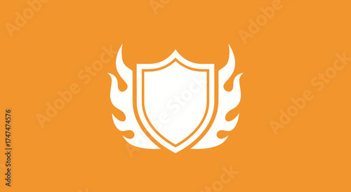 White Shield with Flames on Orange Background. For safety promotions, hot deals, or team insignia in games