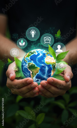 Hands Holding Earth with Green Technology Icons and Leaves