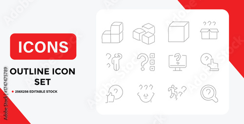 Outline Icon Set Featuring Boxes Questions and a Person in an Uncertain Situation