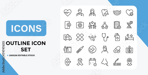 Comprehensive Collection of Medical and Healthcare Outline Icons for Design Projects