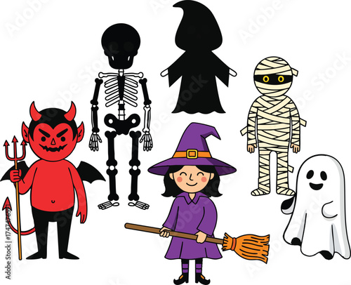 Colorful cartoon collection of classic Halloween characters witch devil skeleton mummy ghost and reaper.