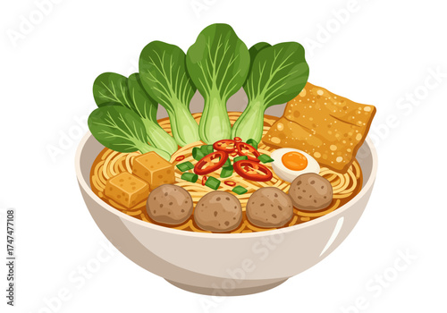 A complete bowl of Asian noodle soup with meatballs, tofu, and vegetables, vector