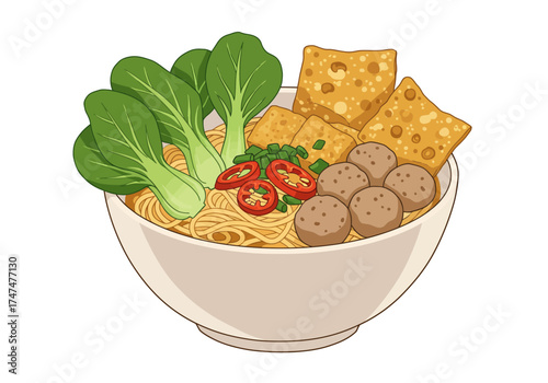 Detailed illustration of an Asian noodle dish with meatballs, tofu, and vegetables