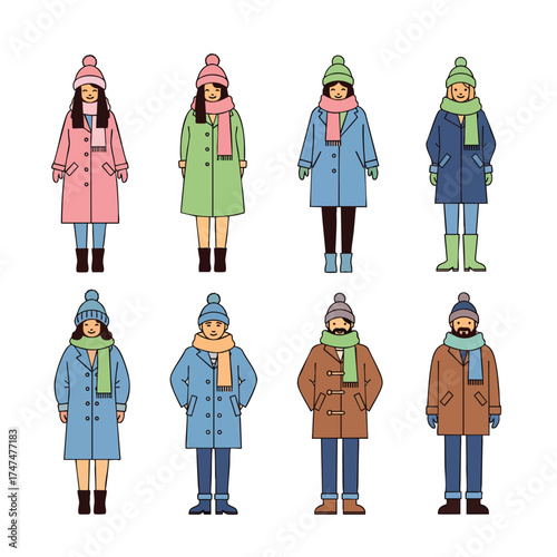 Set of illustrated men and women characters wearing colorful winter coats hats and scarves.