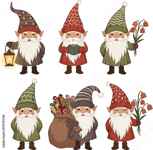 Set of six adorable cartoon gnomes with festive hats gifts and flowers.