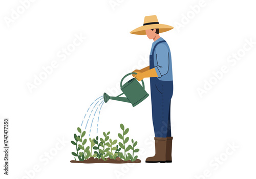  Gardener character nurturing crops with a watering can, flat vector illustration
