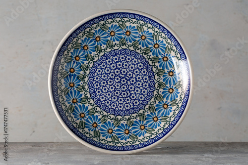 Ceramika Artystyczna Salad Bowl with Plates Set No835 Hand Painted Blue Daisy Polish Pottery Boleslawiec 1980s