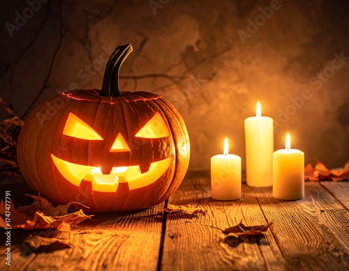 Glowing Jack O Lantern Beside Burning Candles