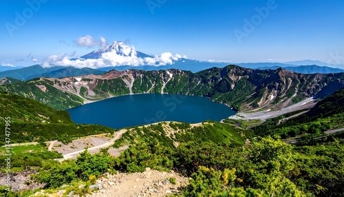 Expansive vista of a volcanic lake and distant snow-capped mountain