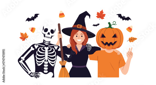 Happy Halloween Characters Skeleton, Witch and Pumpkin having Fun Together