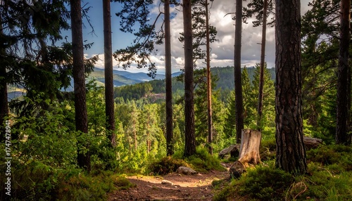 Forest path with tall trees and a view of distant mountains