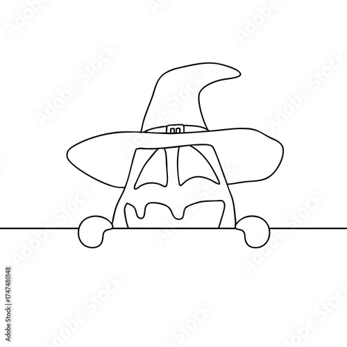 Outline for Coloring of Halloween pumpkin funny and cute peeks out behind the wall. One of the symbols of the autumn holiday. Vector Illustration.
