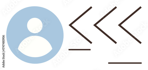 Blue user profile icon next to three angular arrows pointing right, suggesting movement, navigation, progress. Ideal for user interface, navigation, data flow, user management, minimalism