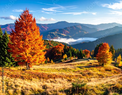Golden autumn trees stand before layered, misty mountain ranges