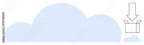 Large cloud element with an arrow pointing downward toward an open box. Ideal for data backup, file sharing, online storage, digital access, technology, organization, simple flat metaphor