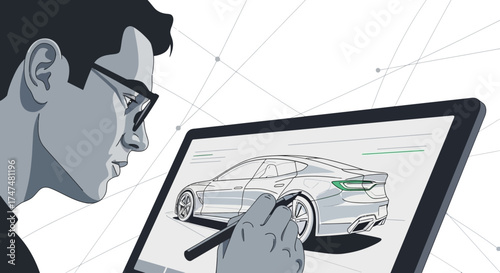 Illustrative Image of a Designer Sketching a Car Design on a Digital Tablet