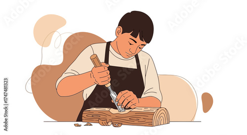 Illustrative Representation of a Carpenter Engaged in Wood Carving with a Chisel