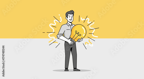 Illustrative Representation Of A Man Holding A Glowing Idea, Embracing New Invention