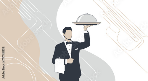 Illustrative Representation of a Waiter Serving a Dish in a Fine Dining Establishment