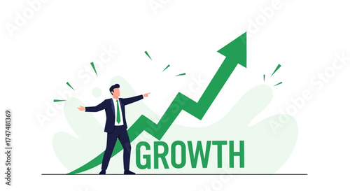 Illustrative Representation Of Business Growth With Businessman Pointing At Rising Arrow