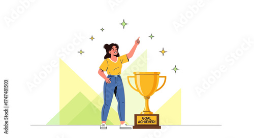 Illustrative Woman Celebrating Success And Triumph With Goal Achieved Trophy
