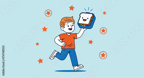 Joyful Boy Enthusiastically Displays Lunchbox, Celebrating Mealtime Adventures With Delight