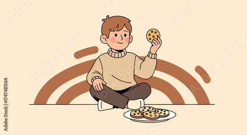 Joyful Boy Holding Cookie in Hand with Delightful Design and Plate of Treats
