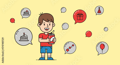 Joyful Celebration: Boy With Soda Pop Dreams of Presents, Cake, and Parties, Joyful Image