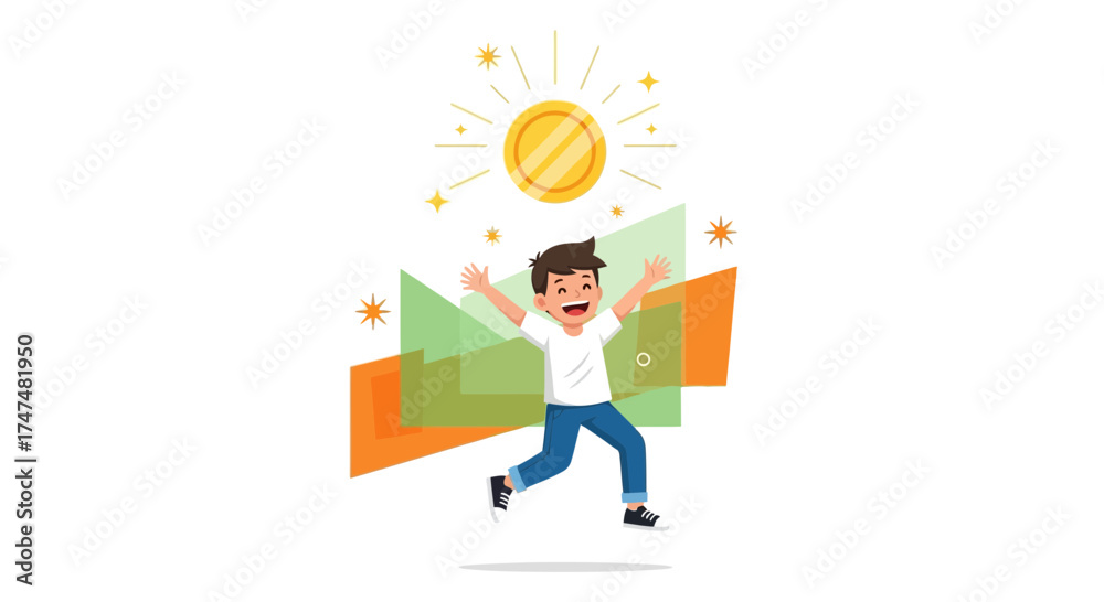 Obraz premium Joyful Child Celebrating a Financial Milestone Beneath Shiny Gold Symbol