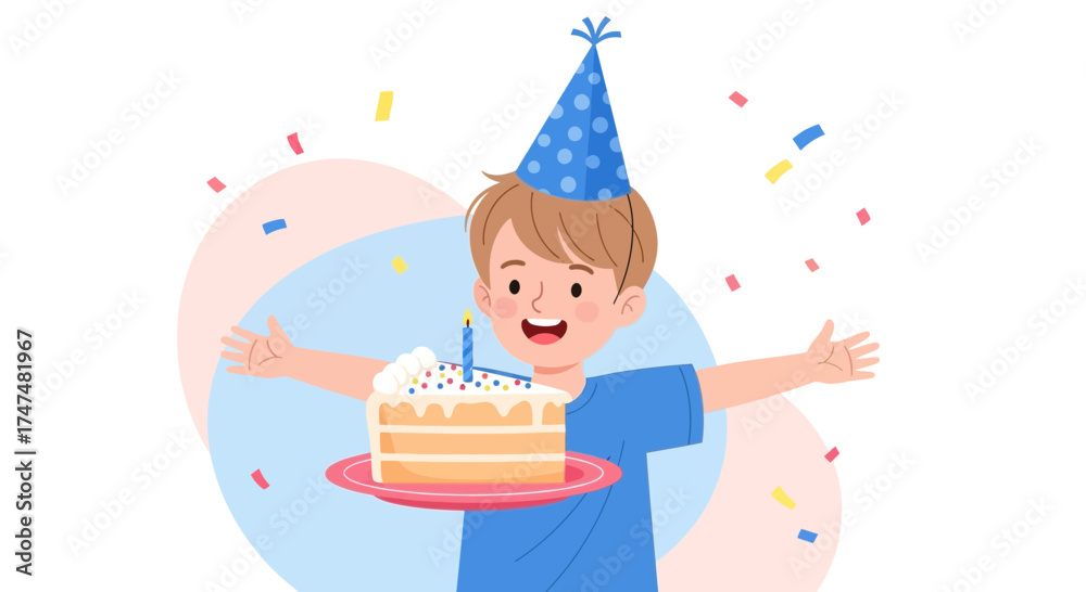 Fototapeta premium Joyful Child Celebrating Birthday With Cake And Colorful Confetti Amidst Festivities