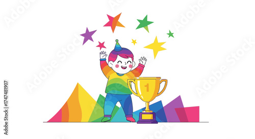 Joyful Child Celebrates Success With Stars and Trophy for Achieving Victory, Smiling