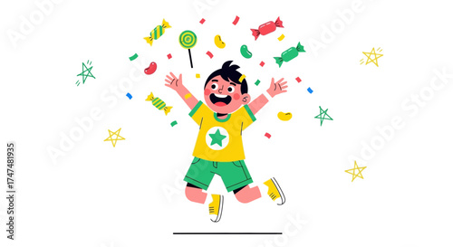 Joyful Child Celebrates With Candies and Confetti, Cheerful Moment, Fun and Delight