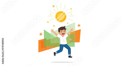 Joyful Child Celebrating a Financial Milestone Beneath Shiny Gold Symbol