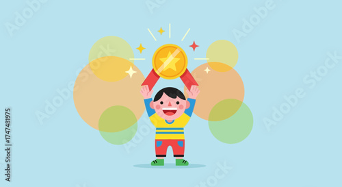 Joyful Child Celebrating Victory Holding Golden Prize, Symbol of Achievement and Success