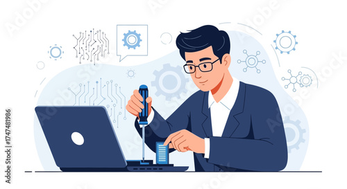 IT Professional Repairing Laptop Computer With Precision And Technical Expertise