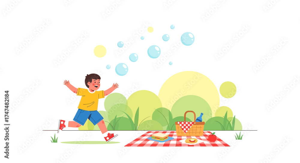 Fototapeta premium Joyful Boy Chasing Bubbles Near Picnic Basket On Cheerful Sunny Day