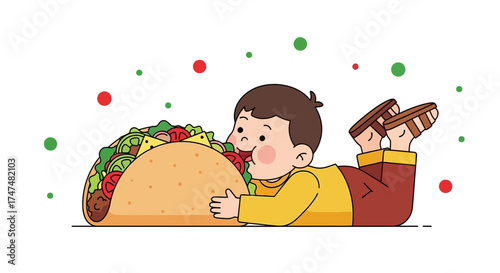 Joyful Child Eating Large Taco, Happy Boy Loves Delicious Mexican Food, Lifestyle Image