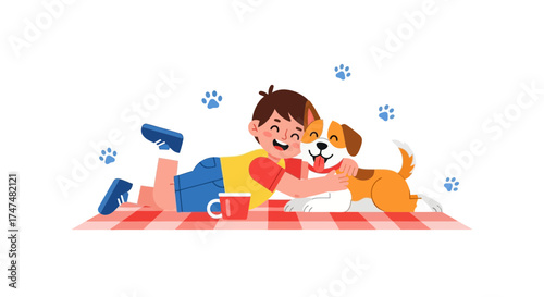 Joyful Bond: A Child's Affectionate Embrace with Their Playful Canine Companion