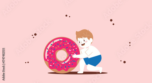 Joyful Child Embracing Giant Donut With Festive Sprinkles Against Soft Pink Background