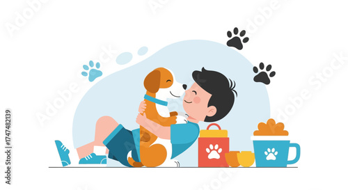 Joyful Bonding Moment: Boy Embraces Dog, Celebrating Friendship and Pet's Love for Adobe Stock