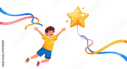 Joyful Boy Celebrating Success With Star Balloon, Victory and Achievment Concept